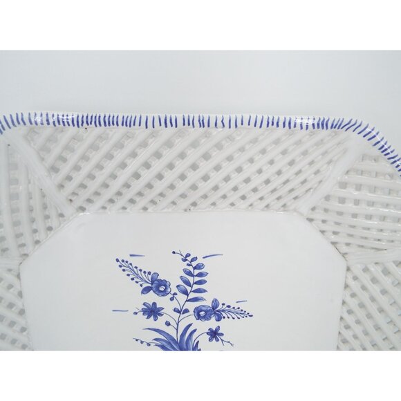 Vintage Hand Painted Blue and White Floral Platter Reticulated Lattice Portugal - Picture 4 of 11